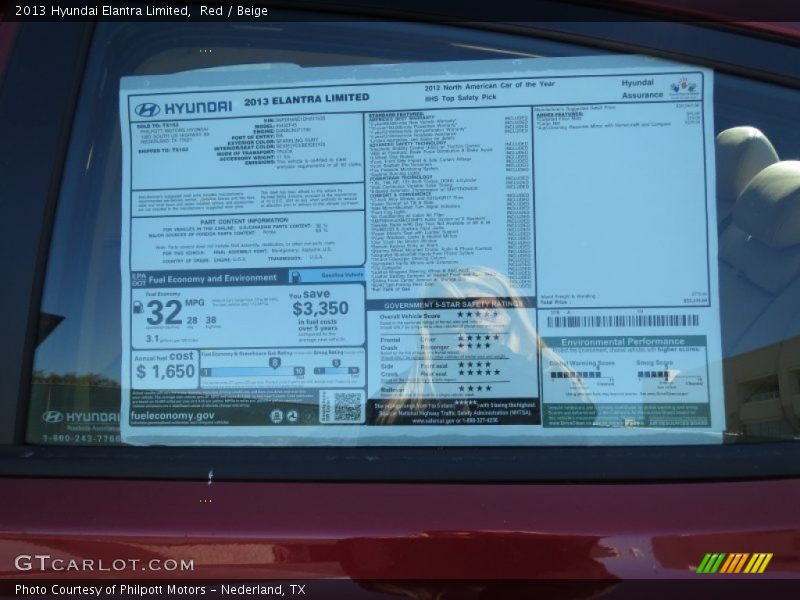 Red / Beige 2013 Hyundai Elantra Limited