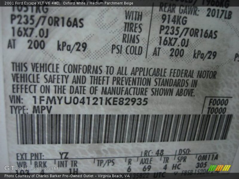 Oxford White / Medium Parchment Beige 2001 Ford Escape XLT V6 4WD