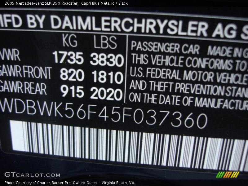 Capri Blue Metallic / Black 2005 Mercedes-Benz SLK 350 Roadster