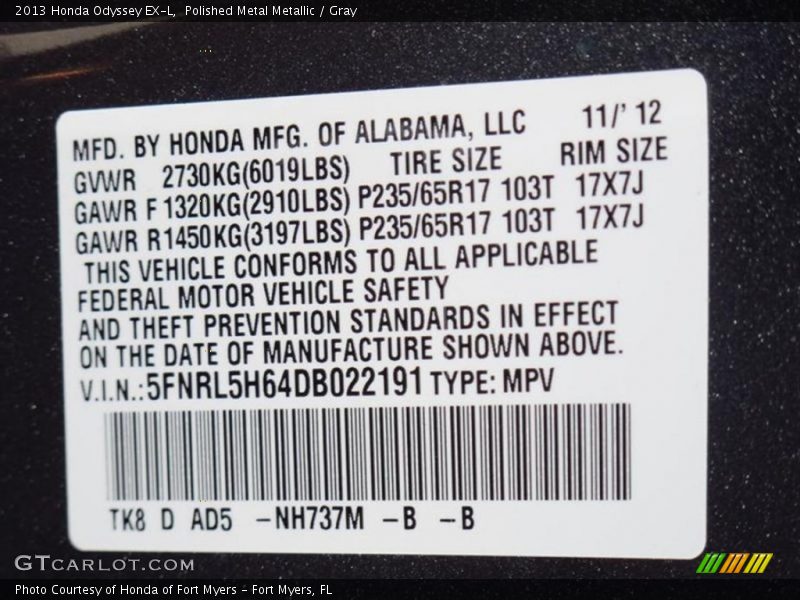 Polished Metal Metallic / Gray 2013 Honda Odyssey EX-L
