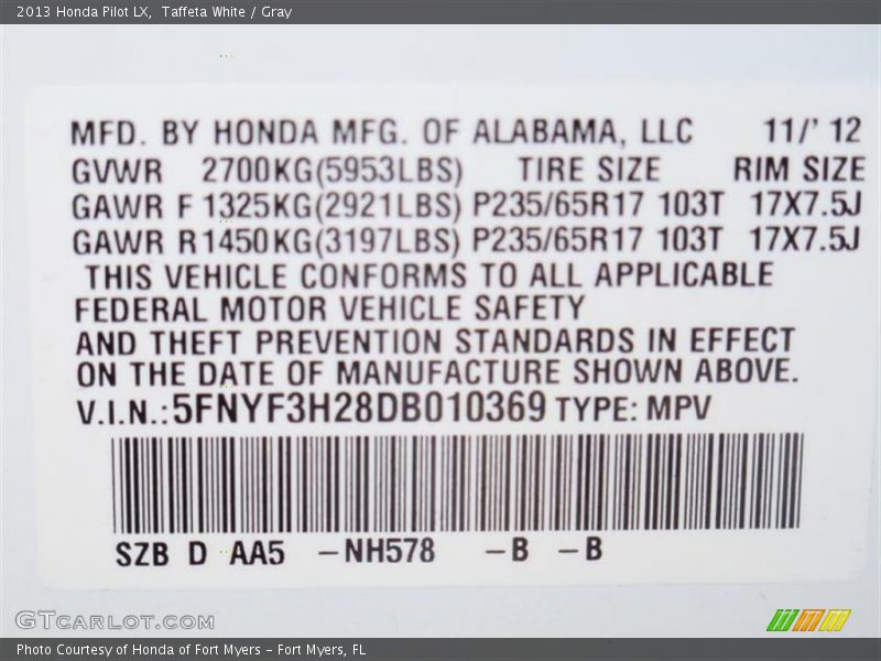Taffeta White / Gray 2013 Honda Pilot LX
