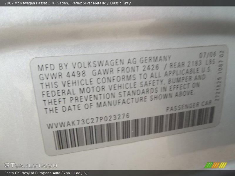 Reflex Silver Metallic / Classic Grey 2007 Volkswagen Passat 2.0T Sedan