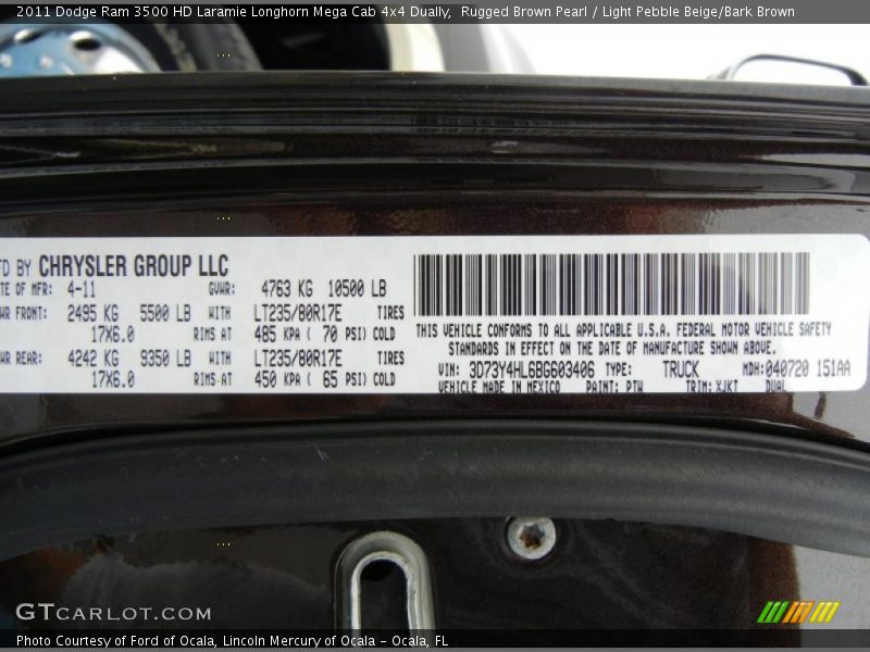 2011 Ram 3500 HD Laramie Longhorn Mega Cab 4x4 Dually Rugged Brown Pearl Color Code PTW