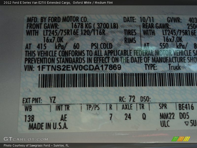 Oxford White / Medium Flint 2012 Ford E Series Van E250 Extended Cargo