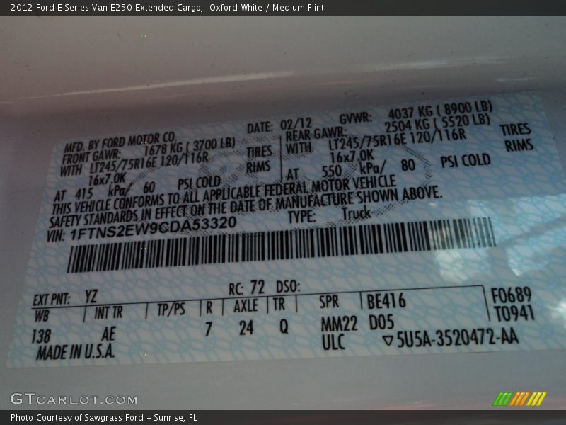 Oxford White / Medium Flint 2012 Ford E Series Van E250 Extended Cargo