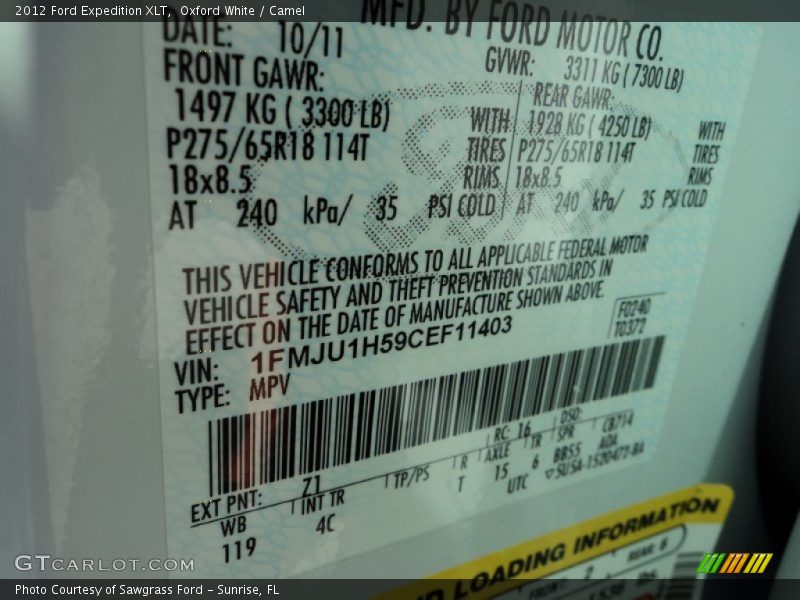 2012 Expedition XLT Oxford White Color Code Z1
