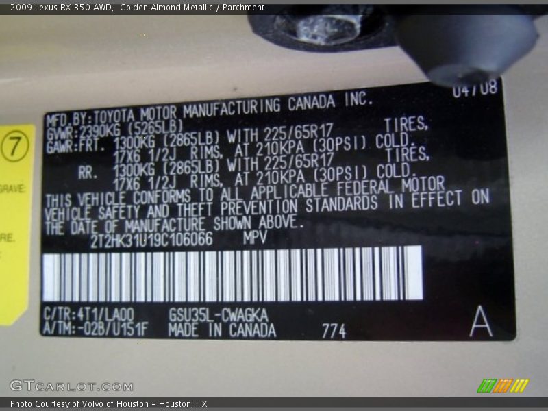 2009 RX 350 AWD Golden Almond Metallic Color Code 4T1