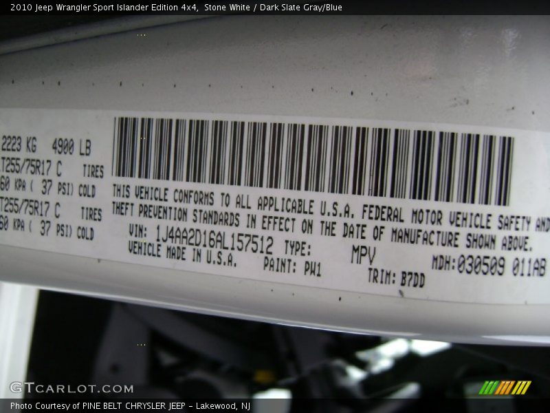 Stone White / Dark Slate Gray/Blue 2010 Jeep Wrangler Sport Islander Edition 4x4