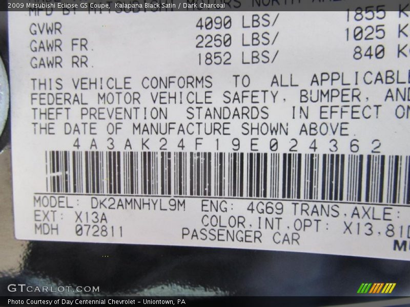 Kalapana Black Satin / Dark Charcoal 2009 Mitsubishi Eclipse GS Coupe