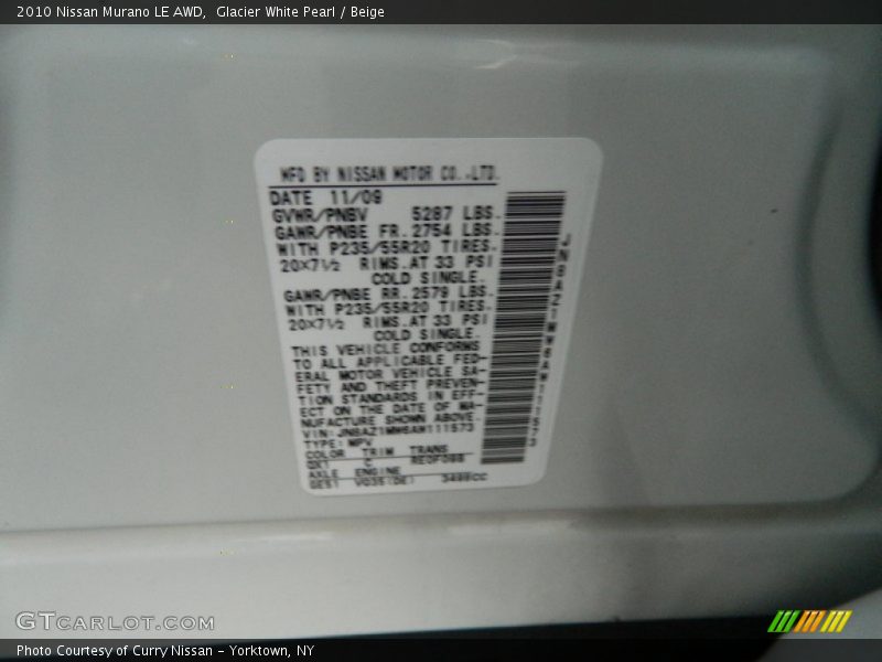 Glacier White Pearl / Beige 2010 Nissan Murano LE AWD