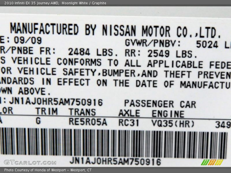 Moonlight White / Graphite 2010 Infiniti EX 35 Journey AWD