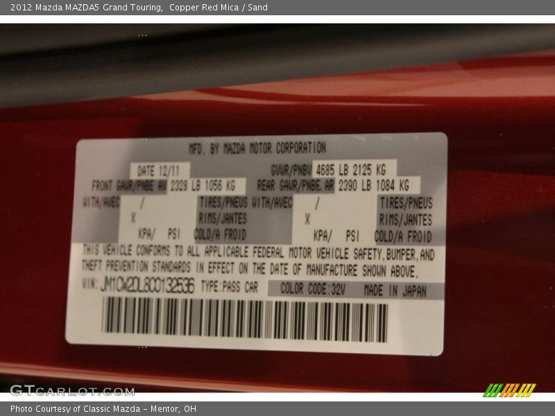 2012 MAZDA5 Grand Touring Copper Red Mica Color Code 32V