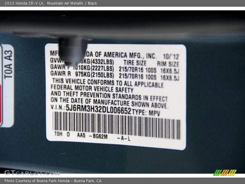 2013 CR-V LX Mountain Air Metallic Color Code BG62M