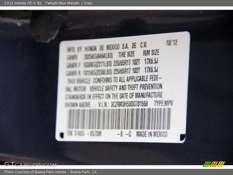 2013 CR-V EX Twilight Blue Metallic Color Code B570M
