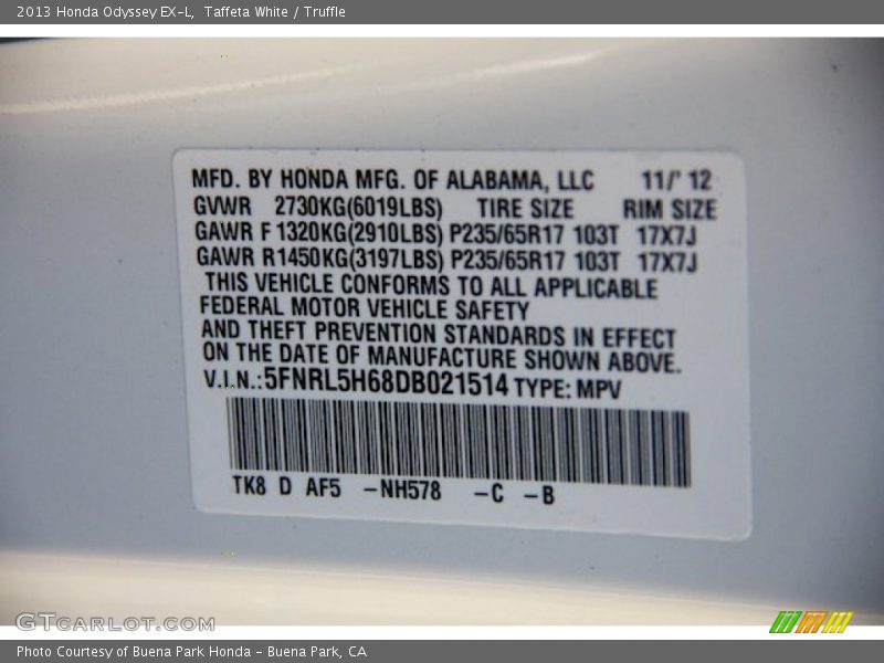 Taffeta White / Truffle 2013 Honda Odyssey EX-L