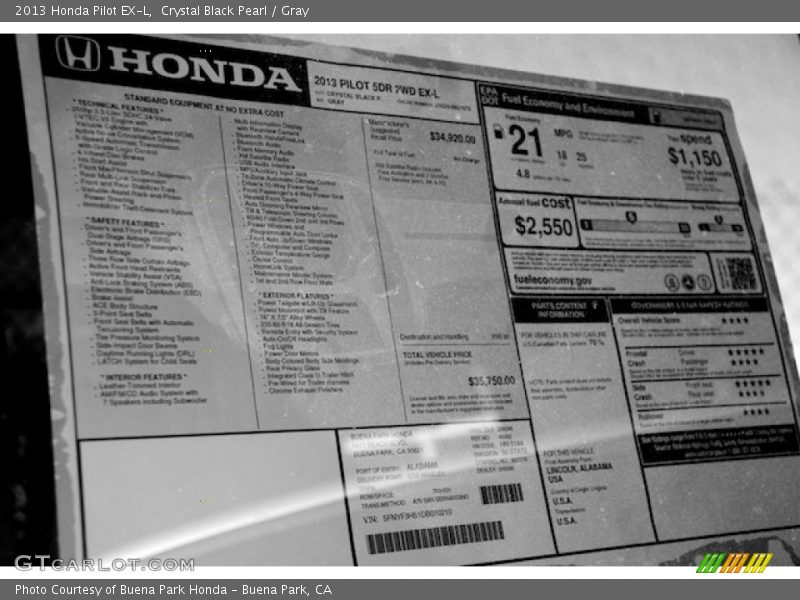 Crystal Black Pearl / Gray 2013 Honda Pilot EX-L
