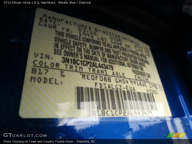 Metallic Blue / Charcoal 2010 Nissan Versa 1.8 SL Hatchback