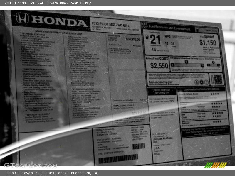 Crystal Black Pearl / Gray 2013 Honda Pilot EX-L