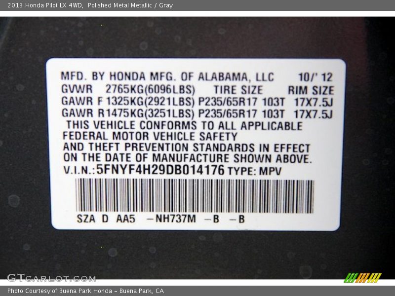 Polished Metal Metallic / Gray 2013 Honda Pilot LX 4WD