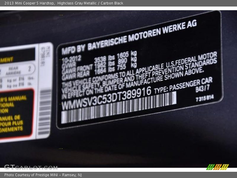 2013 Cooper S Hardtop Highclass Gray Metallic Color Code B43