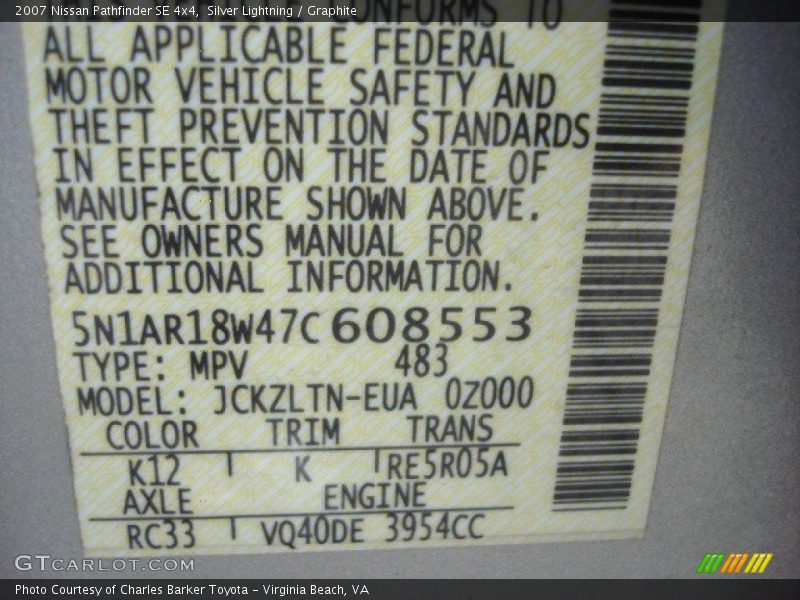 Silver Lightning / Graphite 2007 Nissan Pathfinder SE 4x4