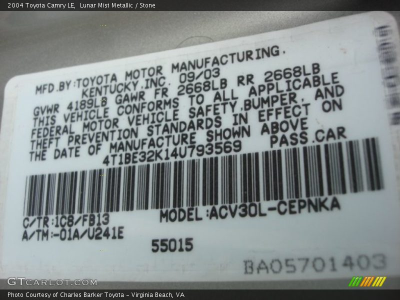 Lunar Mist Metallic / Stone 2004 Toyota Camry LE