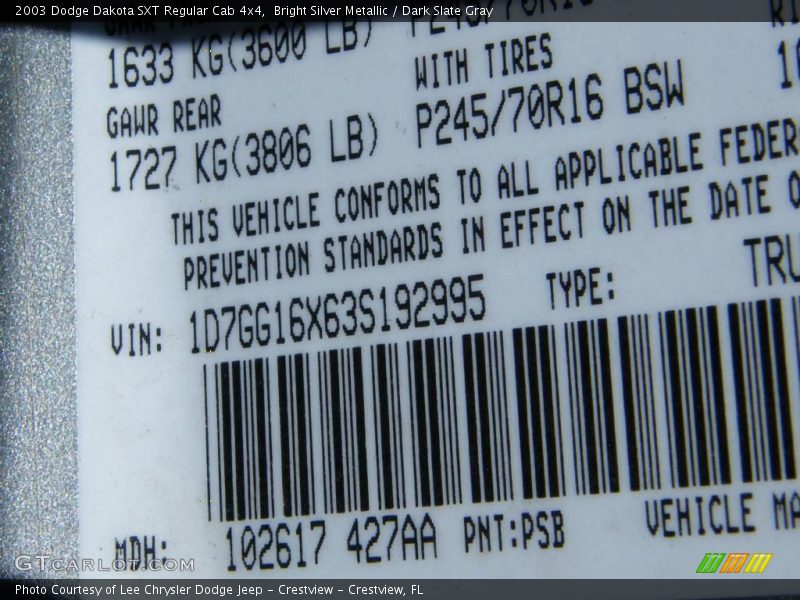 Bright Silver Metallic / Dark Slate Gray 2003 Dodge Dakota SXT Regular Cab 4x4