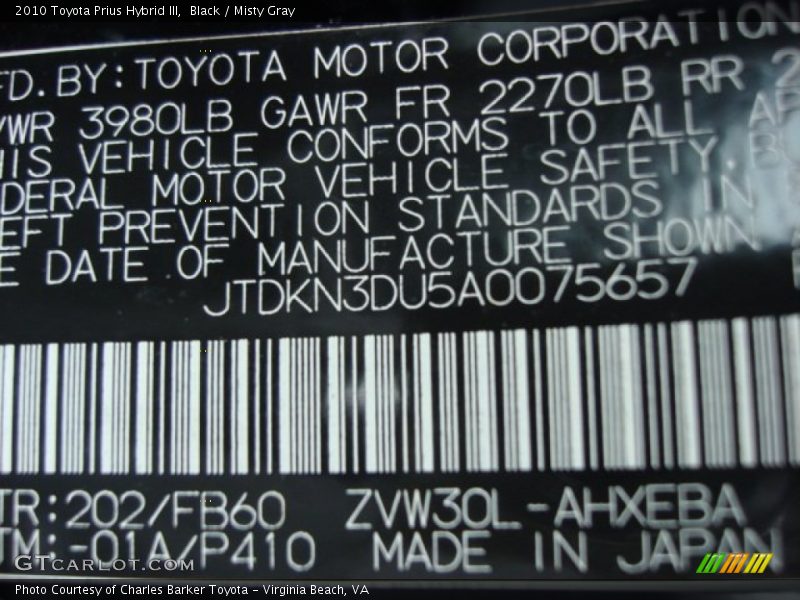 Black / Misty Gray 2010 Toyota Prius Hybrid III