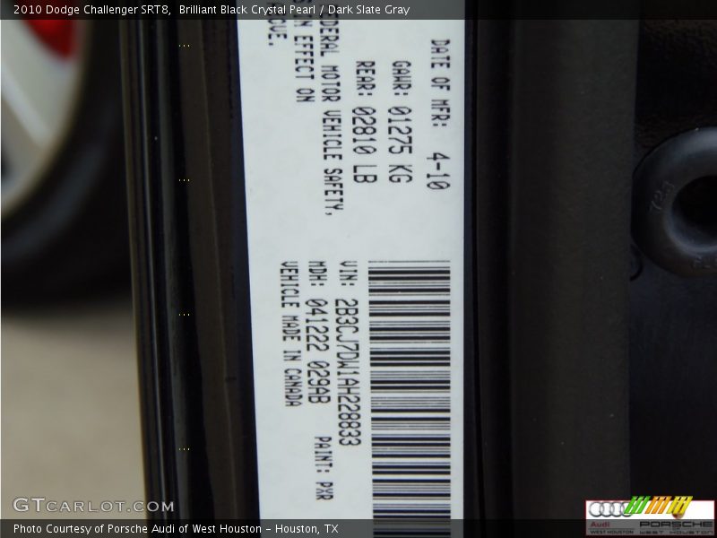 Brilliant Black Crystal Pearl / Dark Slate Gray 2010 Dodge Challenger SRT8