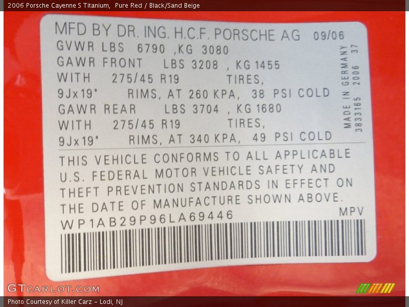 Info Tag of 2006 Cayenne S Titanium