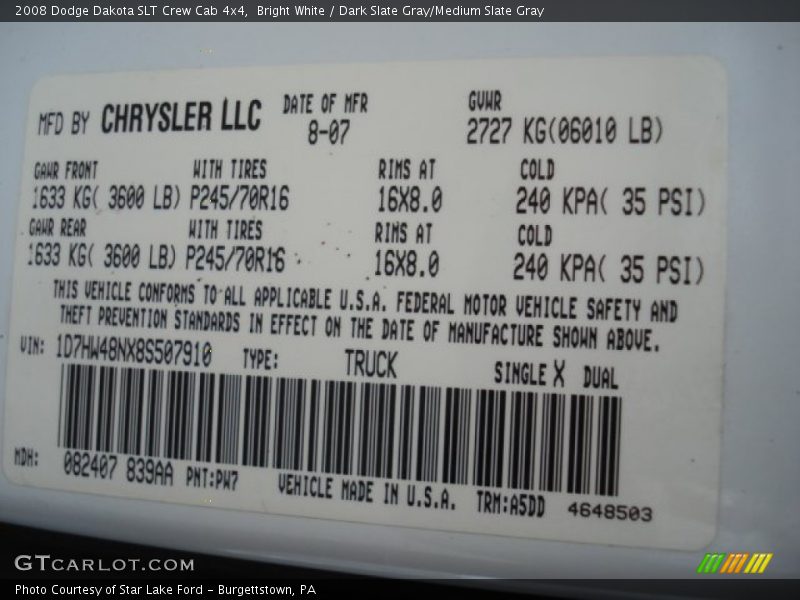 Bright White / Dark Slate Gray/Medium Slate Gray 2008 Dodge Dakota SLT Crew Cab 4x4
