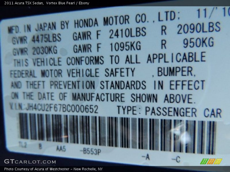 2011 TSX Sedan Vortex Blue Pearl Color Code B553P