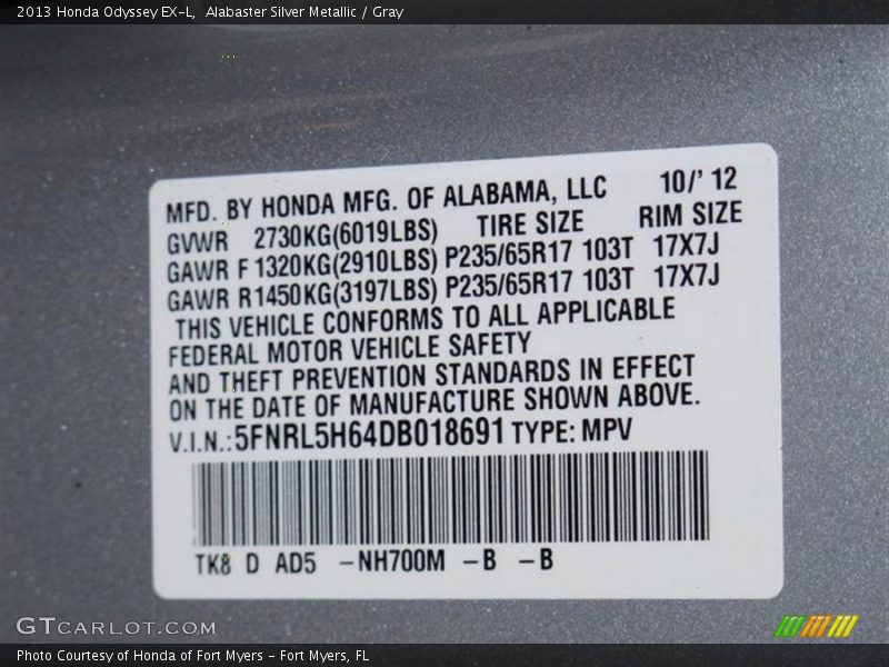 2013 Odyssey EX-L Alabaster Silver Metallic Color Code NH700M