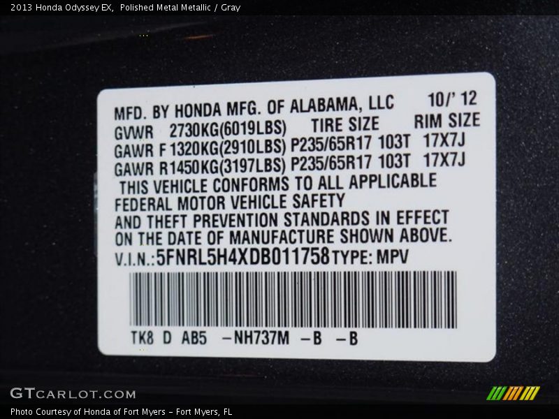 2013 Odyssey EX Polished Metal Metallic Color Code NH737M