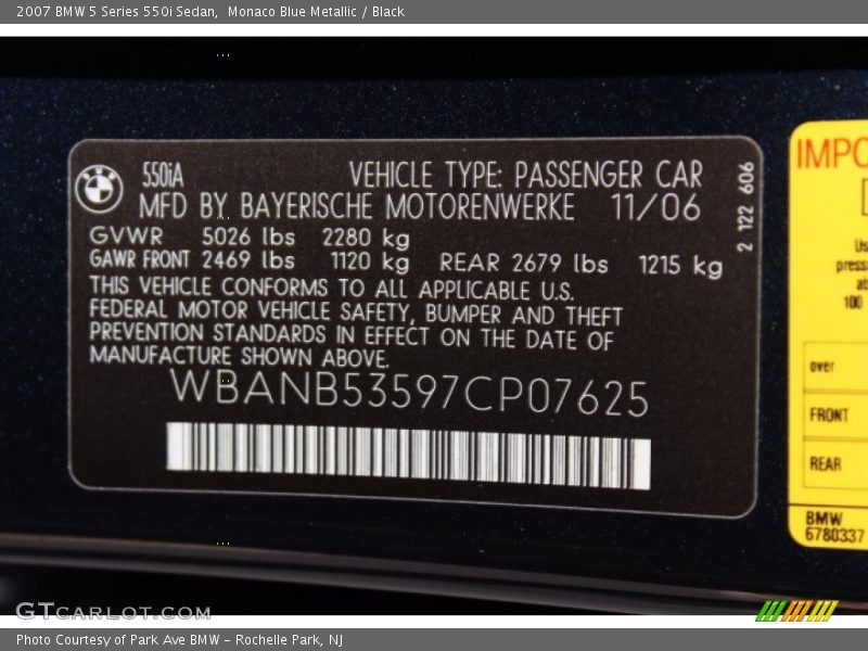 Monaco Blue Metallic / Black 2007 BMW 5 Series 550i Sedan