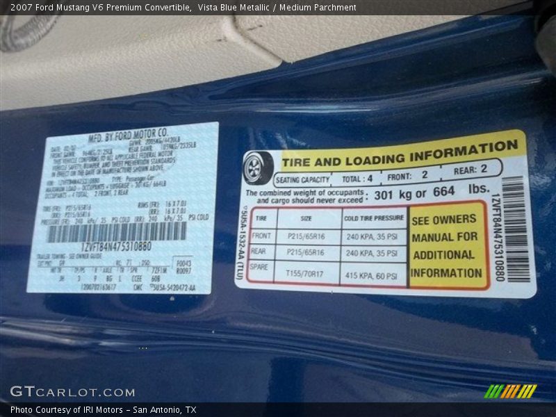 Vista Blue Metallic / Medium Parchment 2007 Ford Mustang V6 Premium Convertible