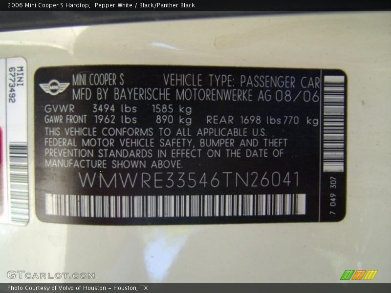 Pepper White / Black/Panther Black 2006 Mini Cooper S Hardtop