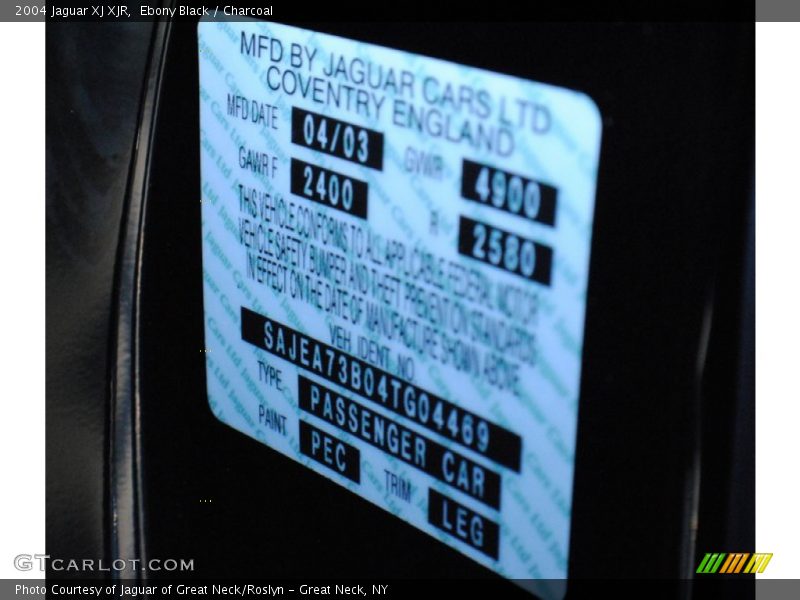 2004 XJ XJR Ebony Black Color Code PEC