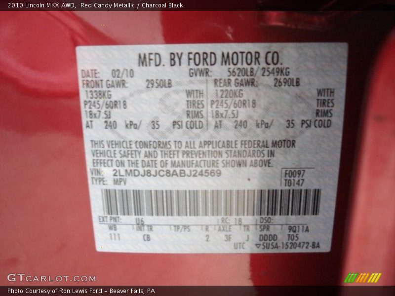 Red Candy Metallic / Charcoal Black 2010 Lincoln MKX AWD
