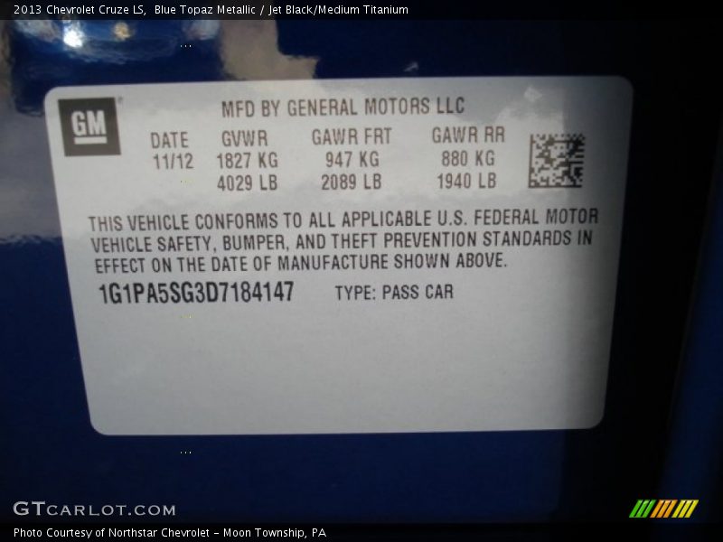 Blue Topaz Metallic / Jet Black/Medium Titanium 2013 Chevrolet Cruze LS