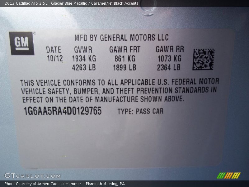 Glacier Blue Metallic / Caramel/Jet Black Accents 2013 Cadillac ATS 2.5L