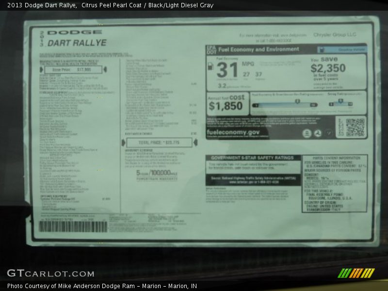 Citrus Peel Pearl Coat / Black/Light Diesel Gray 2013 Dodge Dart Rallye