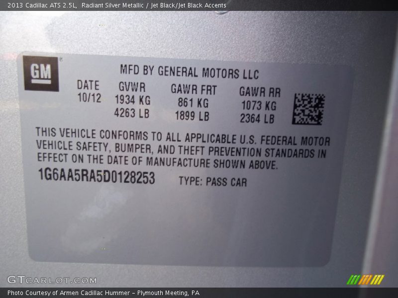 Radiant Silver Metallic / Jet Black/Jet Black Accents 2013 Cadillac ATS 2.5L