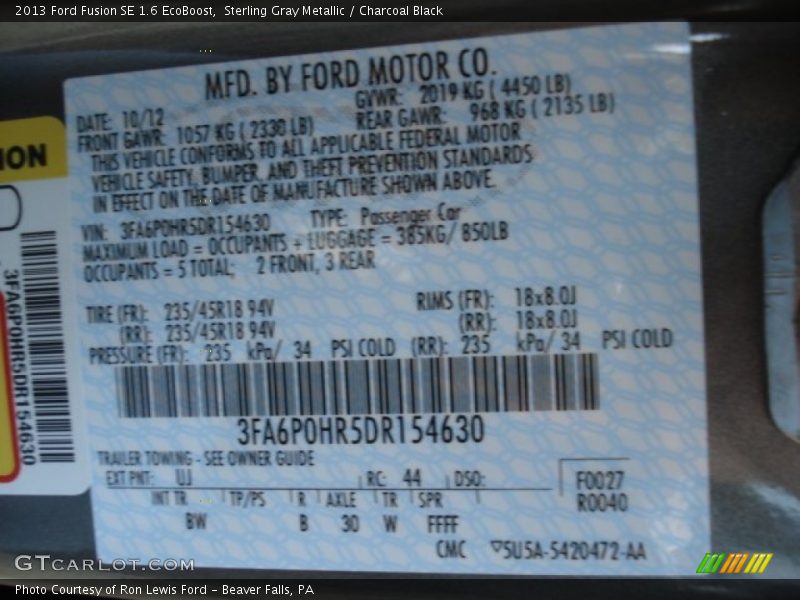 2013 Fusion SE 1.6 EcoBoost Sterling Gray Metallic Color Code UJ