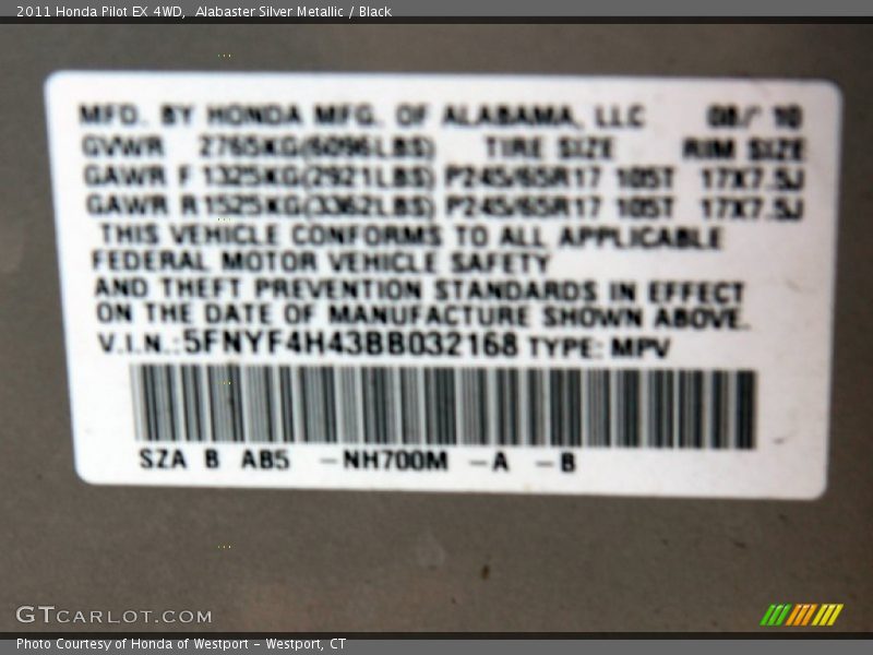 Alabaster Silver Metallic / Black 2011 Honda Pilot EX 4WD
