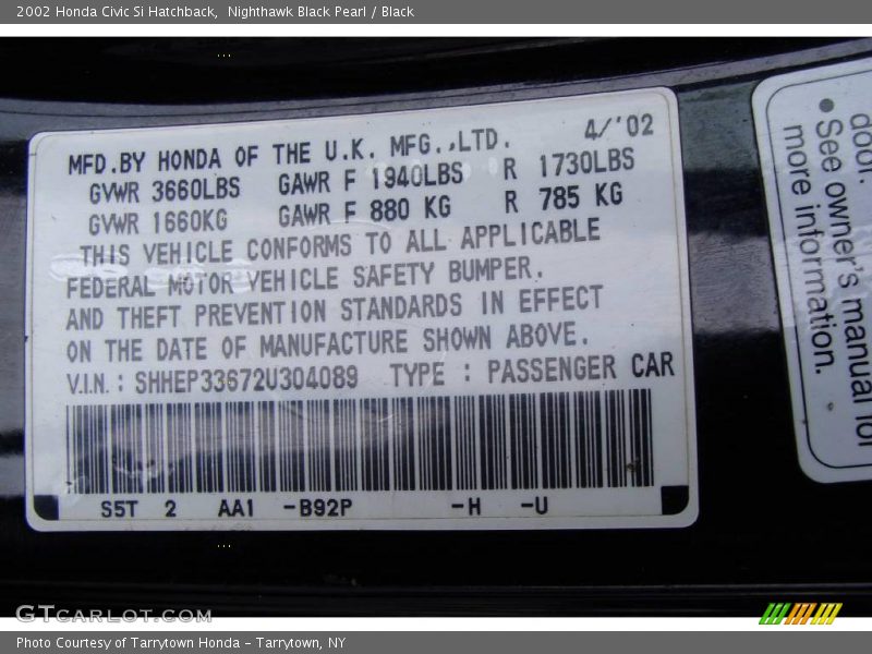 Nighthawk Black Pearl / Black 2002 Honda Civic Si Hatchback