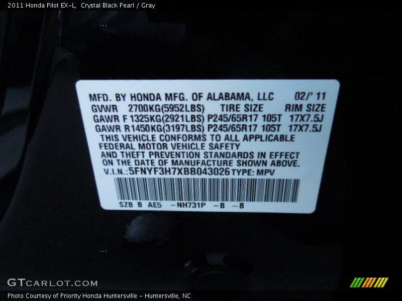 Crystal Black Pearl / Gray 2011 Honda Pilot EX-L