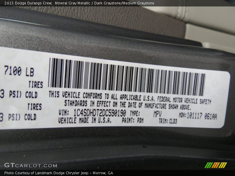 2013 Durango Crew Mineral Gray Metallic Color Code PDM