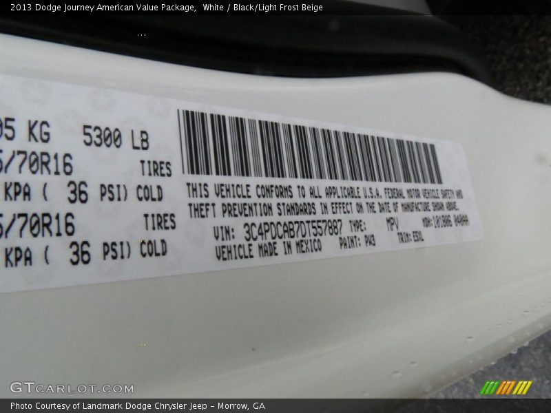White / Black/Light Frost Beige 2013 Dodge Journey American Value Package
