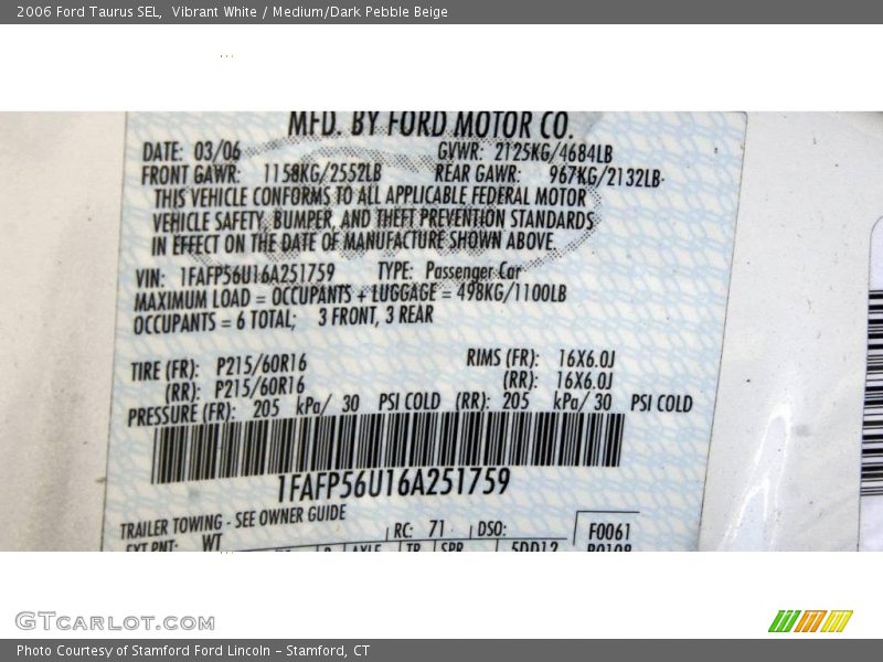 Vibrant White / Medium/Dark Pebble Beige 2006 Ford Taurus SEL
